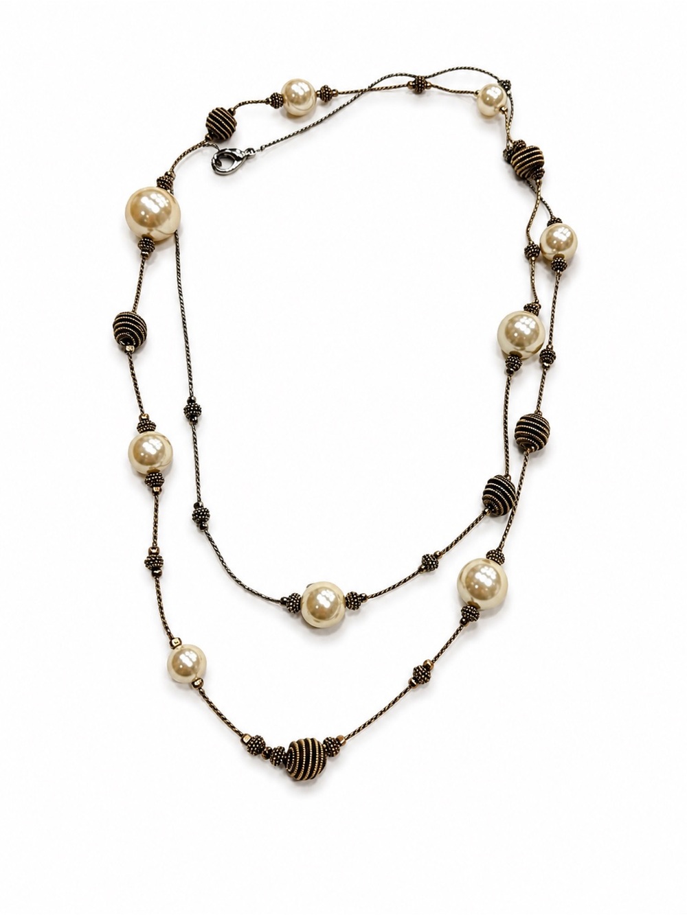 Vintage Faux Pearl Long Station Necklace | Gold Tone Beaded Necklace | Classic L